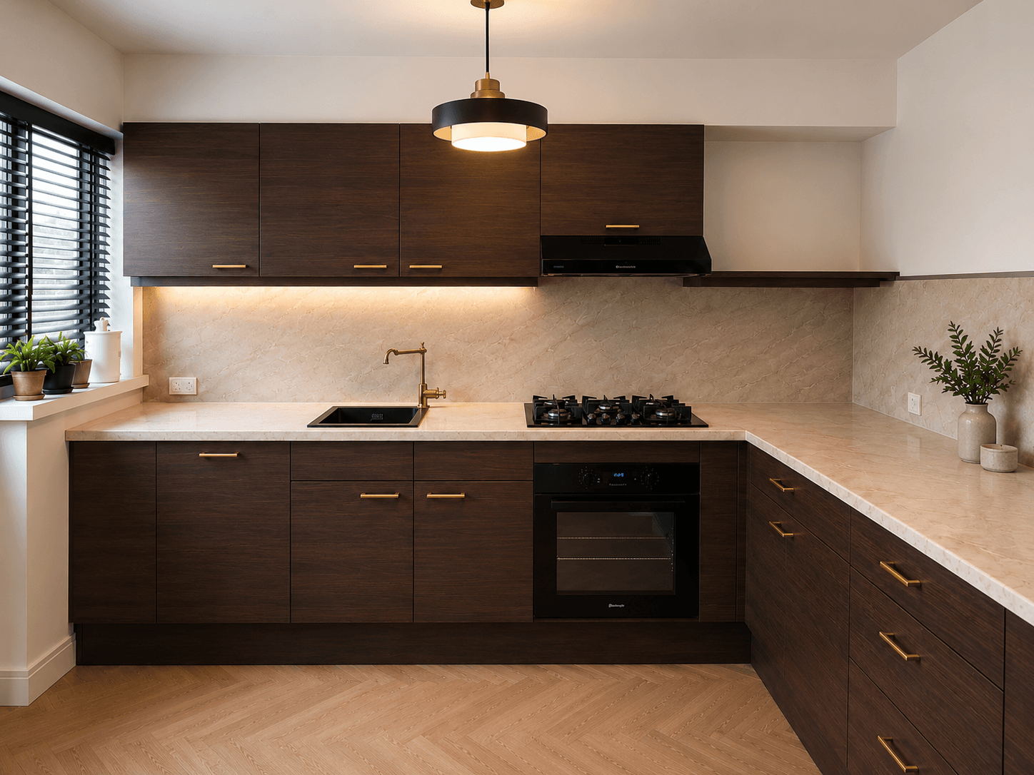 Dezelfde keuken na het wrappen in warme houtlook door Wrapify Interiors